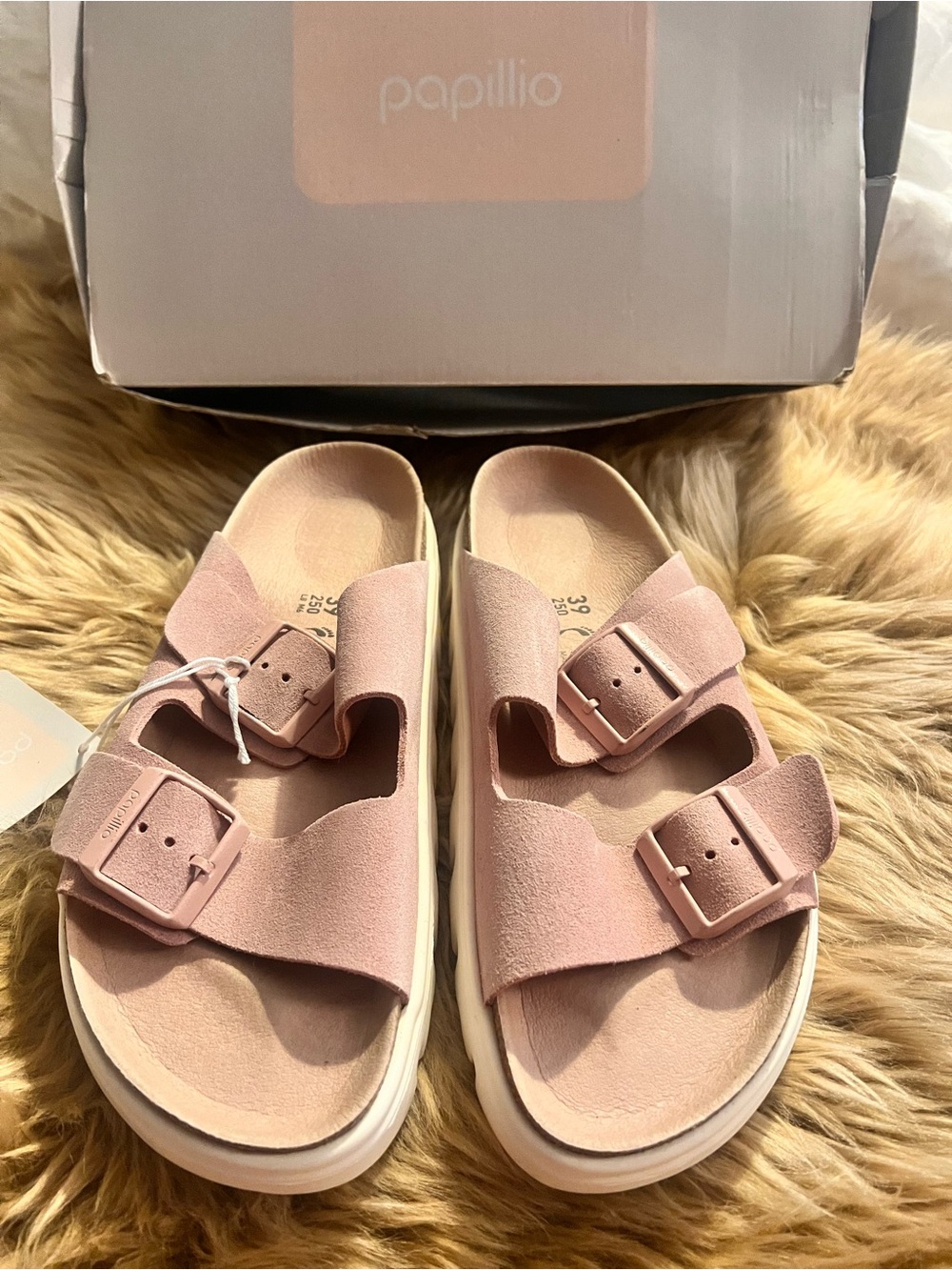 NEW with Tags Birkenstock Papillio Blush Pink Suede Double Buckle Slides
